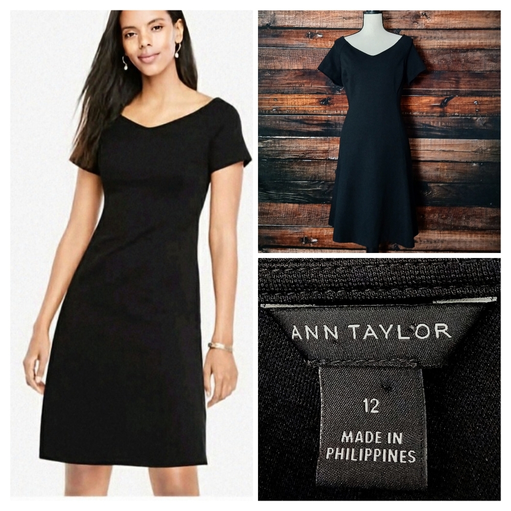 Ann Taylor Dress 12 Black Ponte Wide V-Neck Fit & Flare Zip Back Stretch